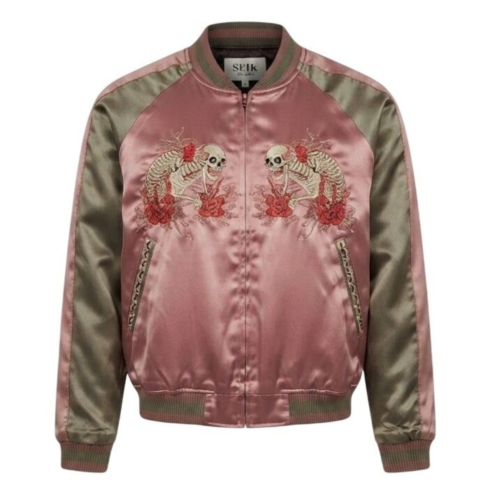 VTG Sukajan Souvenir Jacket Reversible Skeleton Skull Sakura Embroidery Satin XS